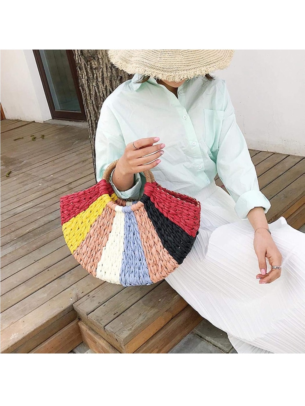 Colorblock Woven Fan Tote Bag with Round Handles